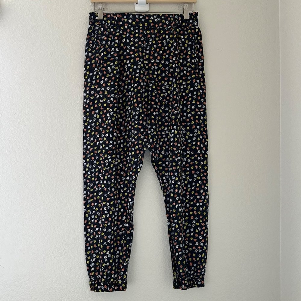 ATM Floral Print 100% Silk Pants High Rise Flat Front Lightweight Black Multi S